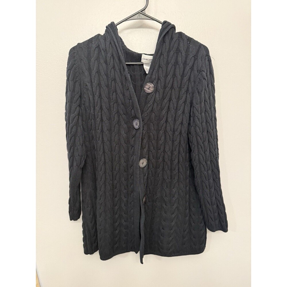 Chicos Womens Size 2 Long Hooded Black Cardigan Button Front Silk Blend